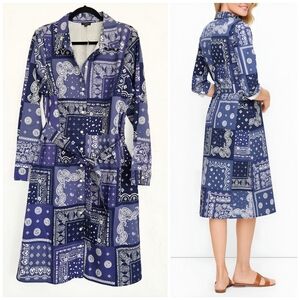 NWT Talbots Bandana Button Up Tie Waist Blue Dress, 16